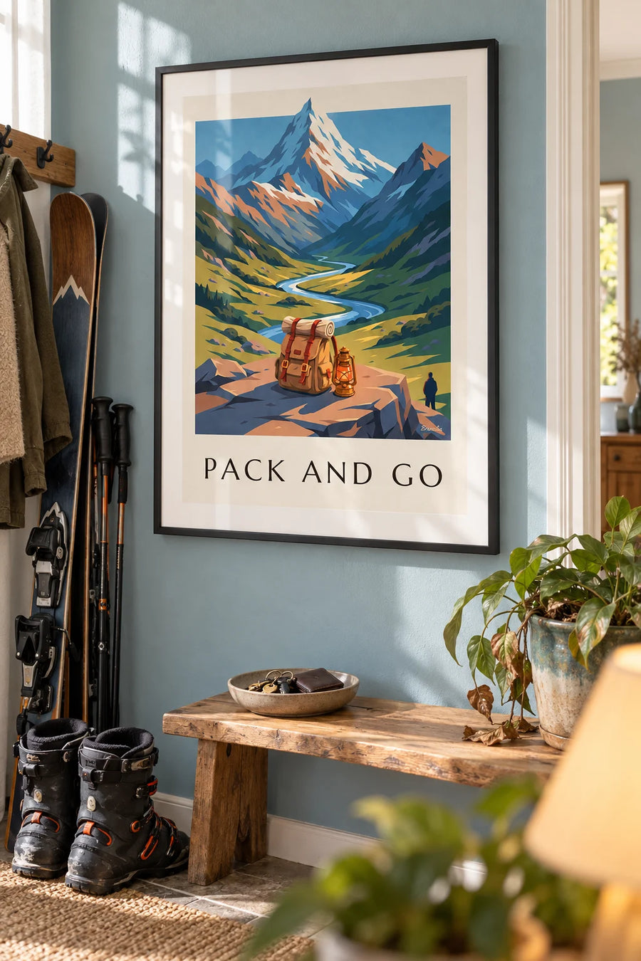 Poster of an explorer’s backpack above a mountain valley: framed on the wall