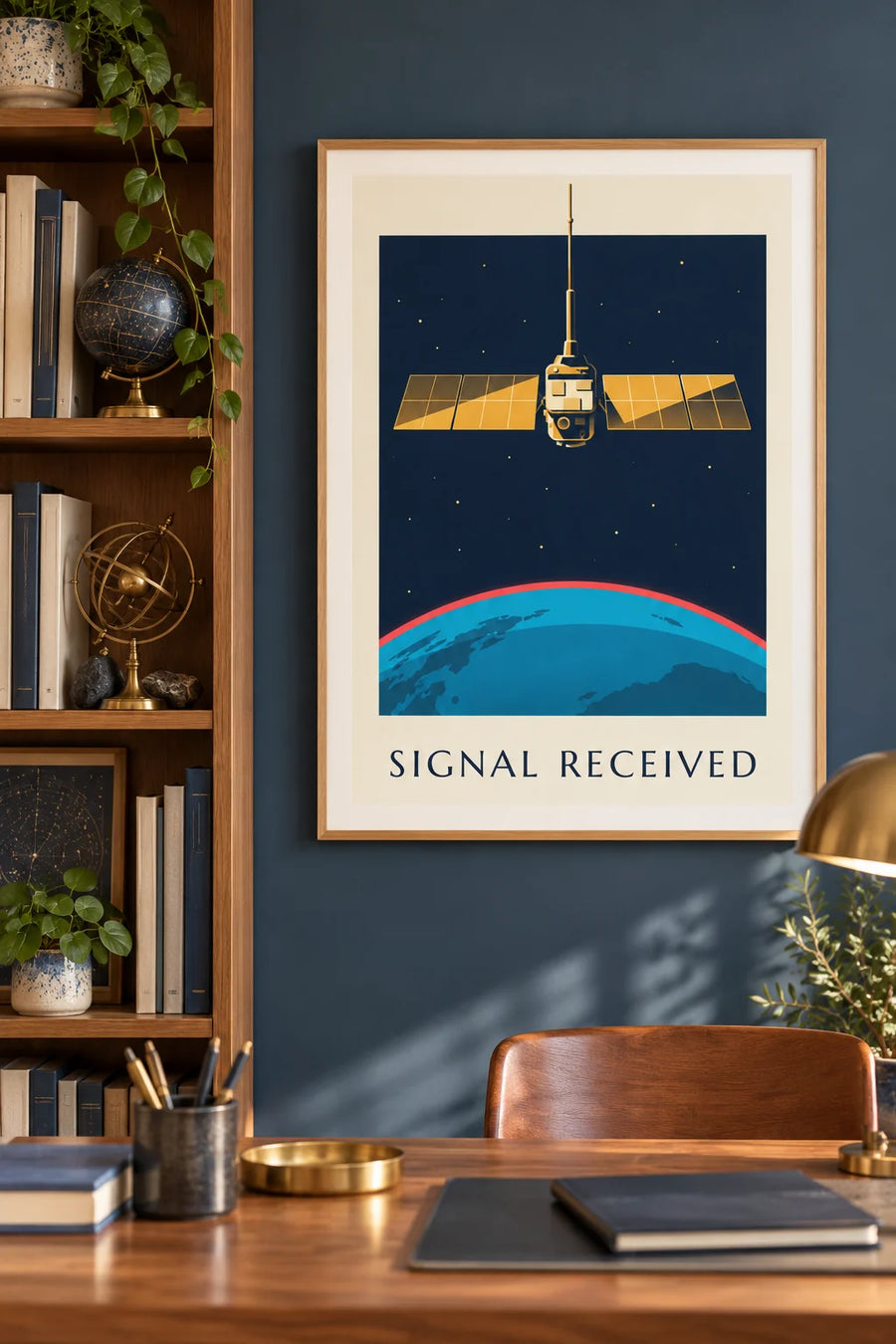 Plakat satelita w kosmosie nad Ziemią: w ramie na ścianie