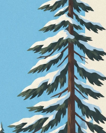 Un sapin au tronc brun et aux longues branches chargées de neige