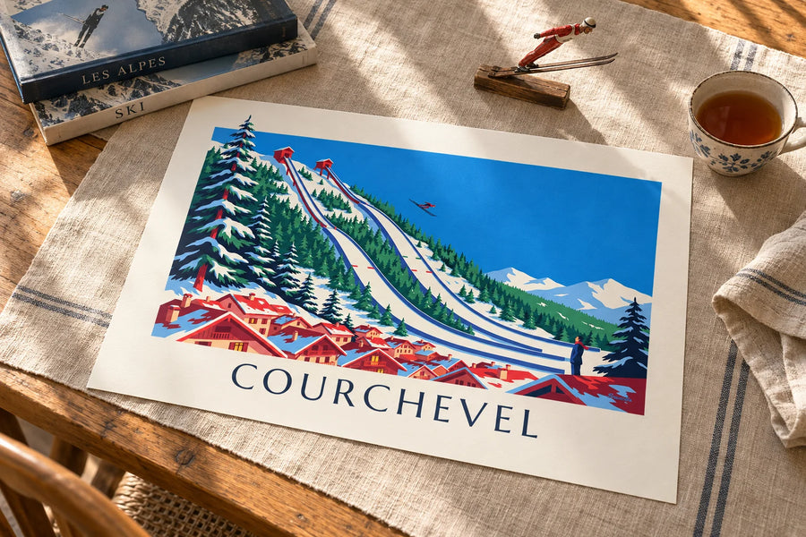 Plakat ze skoczniami narciarskimi Courchevel w Le Praz: na stole