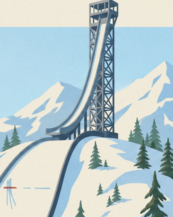 Le tremplin de saut à ski et sa haute tour grise parmi les sapins enneigés