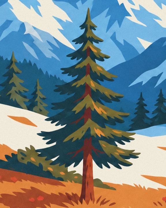 Un grand sapin vert sur la pente enneigée, face aux montagnes bleues