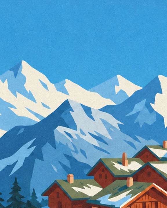 Les sommets enneigés sur un ciel bleu, au-dessus des toits des chalets
