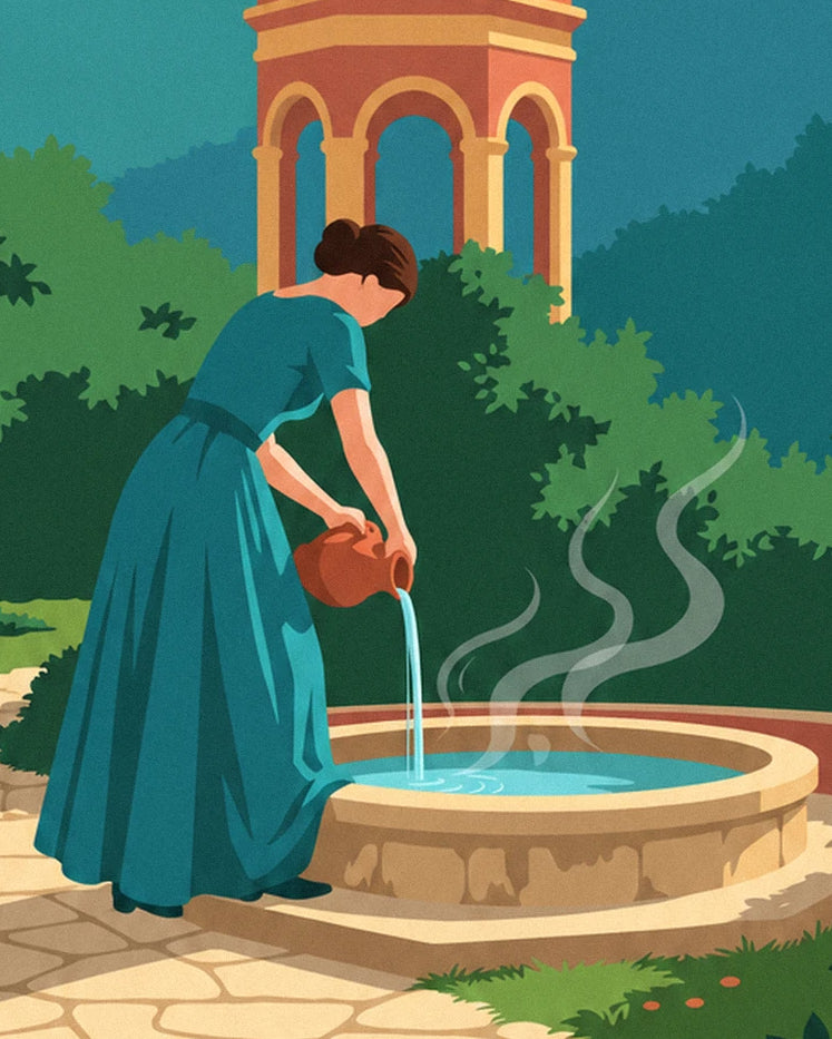 La femme en robe turquoise verse l'eau fumante d'une cruche dans le bassin de pierre