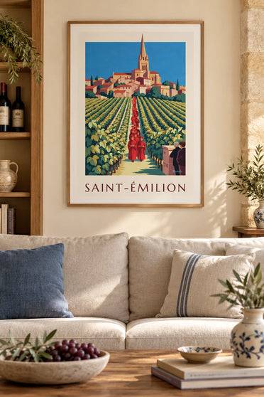 Plakat winnice i miasteczko Saint-Émilion widziane z piwnicy : w ramie na ścianie