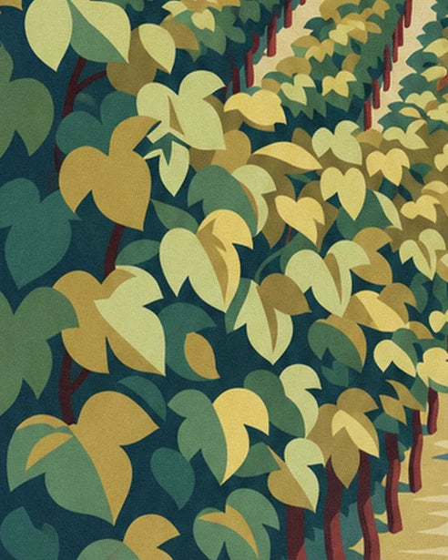 The green and golden vine leaves around the vines lined up along a path