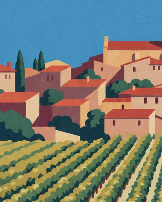 The rows of vines below the ochre houses of Saint-Émilion and their red roofs