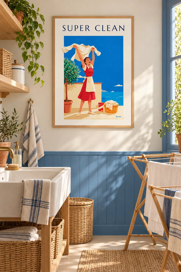Affiche femme et chemise blanche éclatante, lessive Super Clean : encadrée au mur