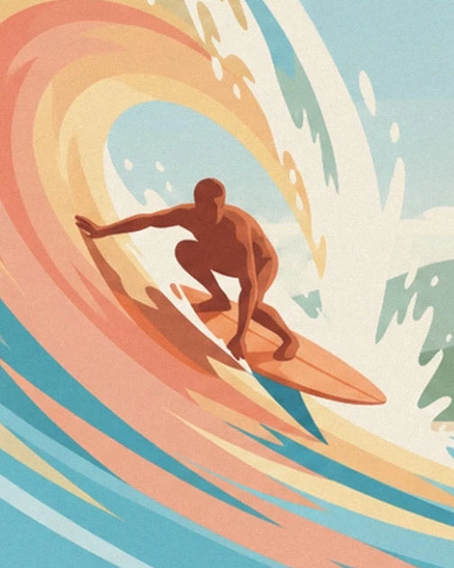 Le surfeur accroupi sur sa planche orange au creux d'une vague turquoise et corail
