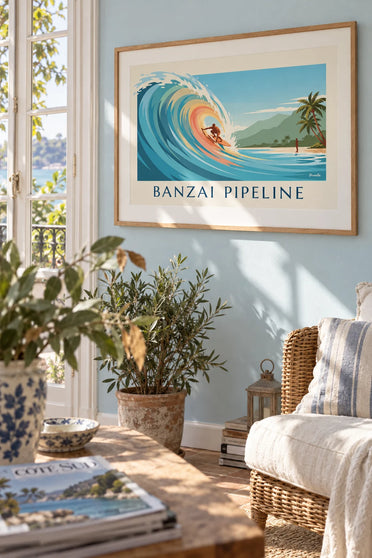 Affiche surfeur au Banzai Pipeline sur la côte nord d'Oahu : encadrée au mur
