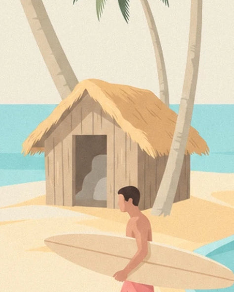 Le surfeur et sa planche beige devant une cabane au toit de paille, entre les palmiers
