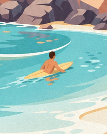 The surfer seen from behind on his yellow board, in the turquoise water edged with rocks