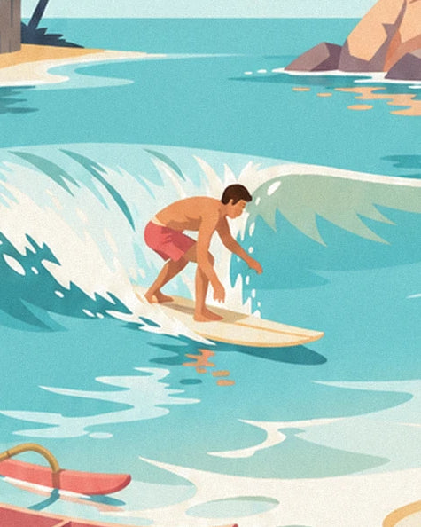 The surfer in coral shorts on his cream board, in the hollow of a turquoise wave