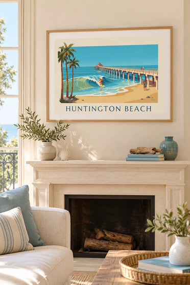 Plakat z surferem pod molo w Huntington Beach w Kalifornii: plakat w ramie na ścianie