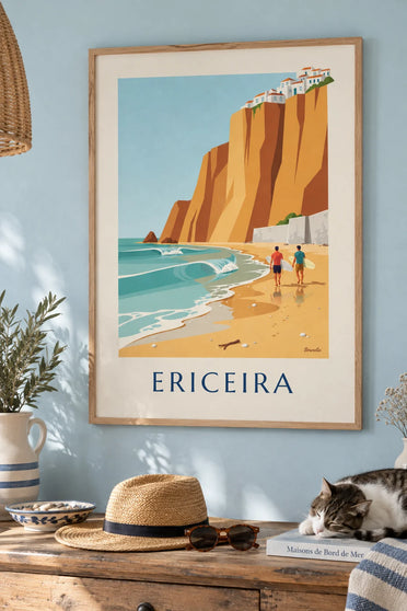 Affiche surfeurs au pied des falaises d'Ericeira : encadrée au mur