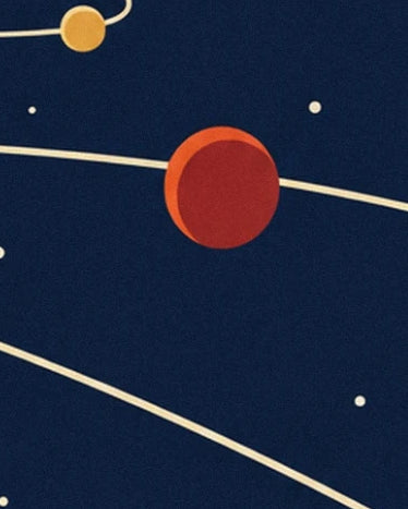 Une planète rouge bordée d’orange, entre les orbites crème et les étoiles