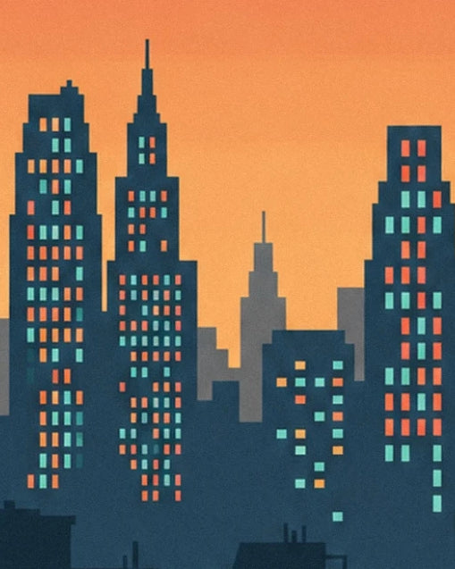 Dark skyscrapers with orange and turquoise windows beneath an orange sky