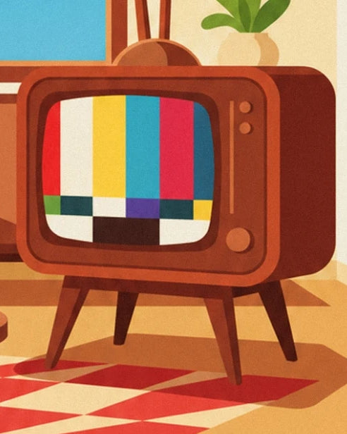 Le téléviseur brun sur pieds inclinés et sa mire à bandes colorées