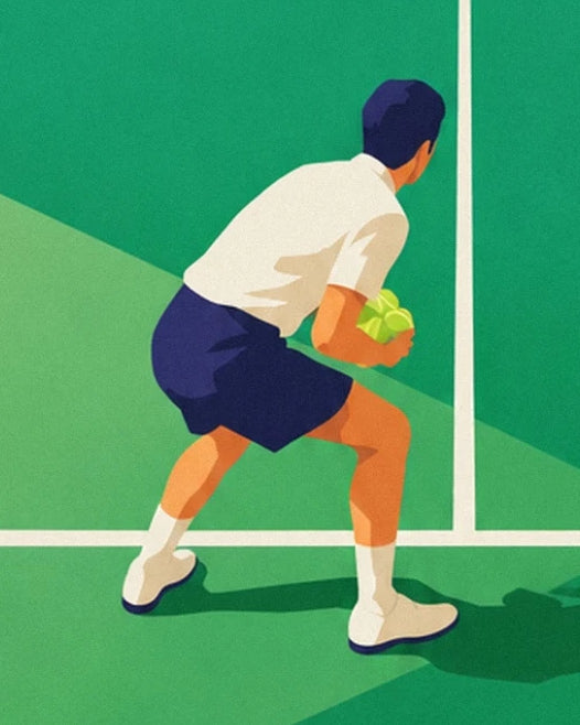 The ball boy in a white polo shirt and navy blue shorts, holding yellow balls