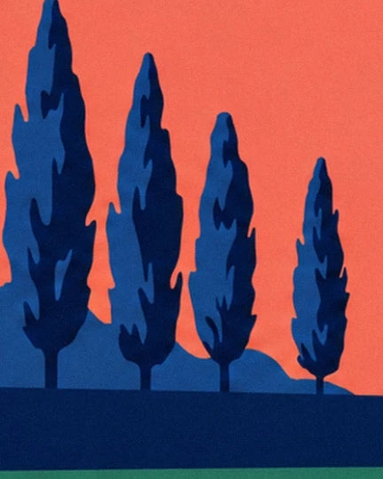 A row of 4 midnight-blue cypress trees standing out against the coral sky