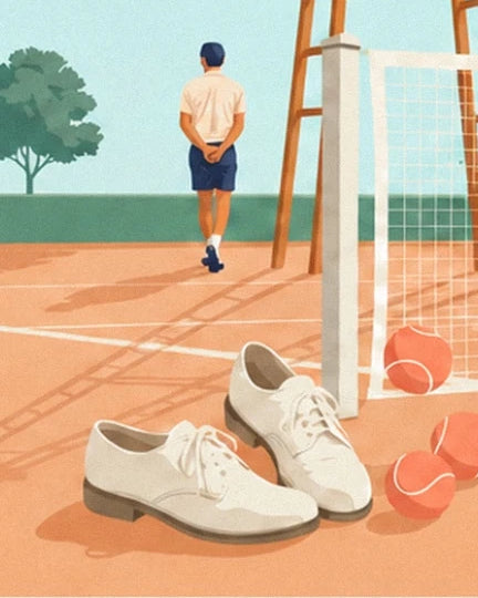 Les chaussures blanches et les balles orange sur terre battue, devant un joueur de dos