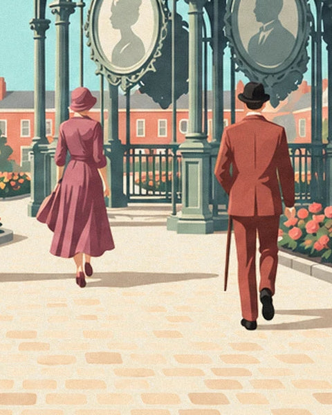 Une femme en robe mauve et un homme en costume brique devant les toilettes londoniennes