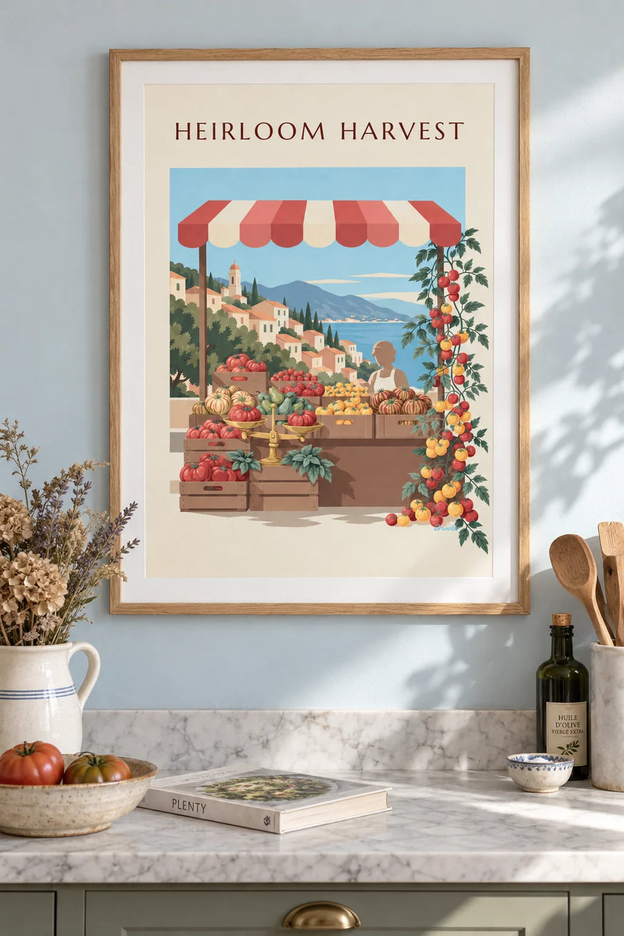 Affiche tomates anciennes sur l'étal du marché : encadrée au mur