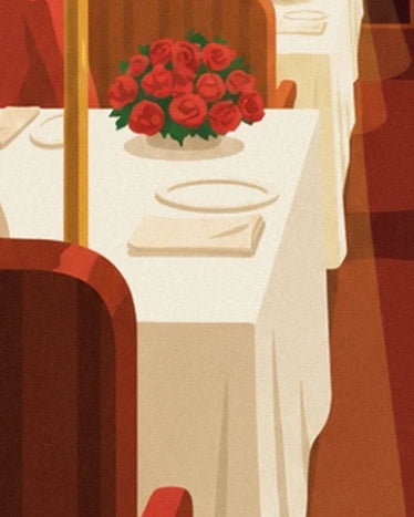 The bouquet of red roses, plates and napkins on the white tablecloth