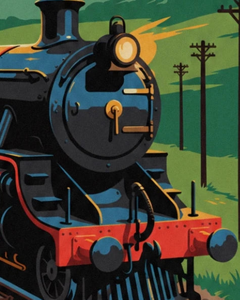 L'avant de la locomotive, son phare doré et sa traverse rouge à tampons noirs