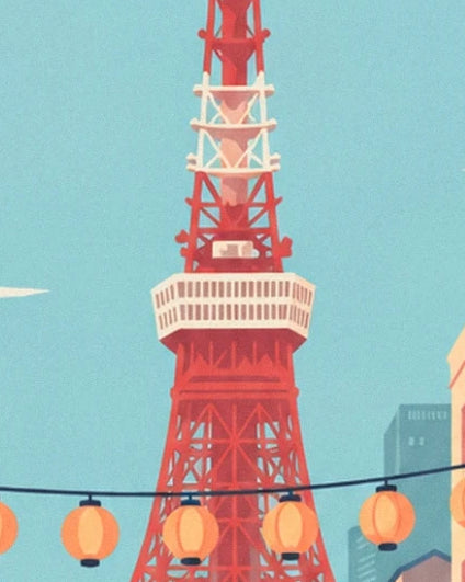 The red and white Tokyo tower behind a string of orange lanterns