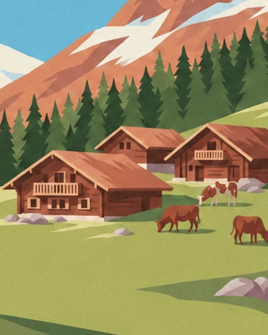 Les chalets en bois et les vaches au pâturage, au pied des Alpes enneigées
