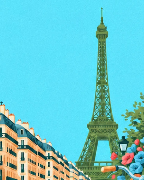 The green tour Eiffel rising into a turquoise sky above the rooftops of Paris