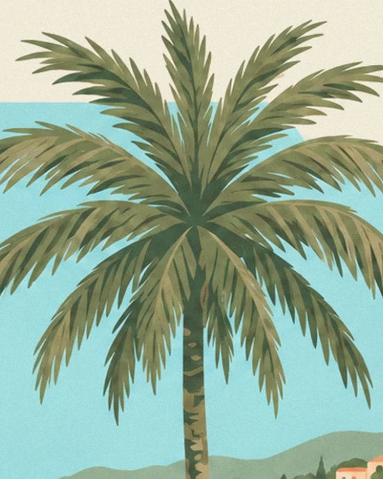 Les longues palmes vert olive d’un palmier devant la mer turquoise