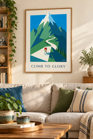 Plakat kolarz na podjeździe krętej górskiej przełęczy: w ramie na ścianie