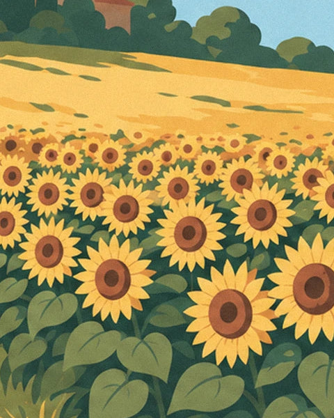 A field of yellow sunflowers with brown centres among broad green leaves