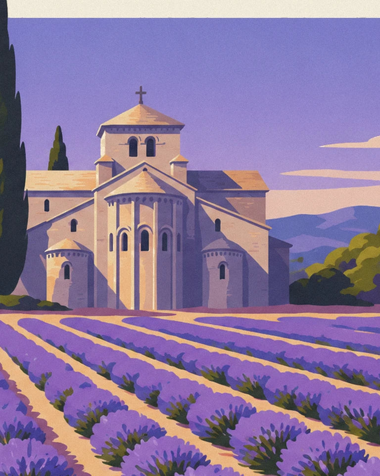 Monk walking through lavender at Sénanque Abbey poster: close-up detail