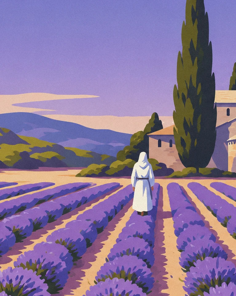 Monk walking through lavender at Sénanque Abbey poster: close-up detail