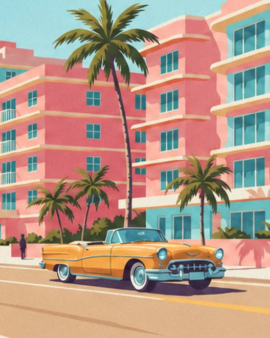 The gold convertible with whitewall tyres, parked outside the pink hotels and palm trees