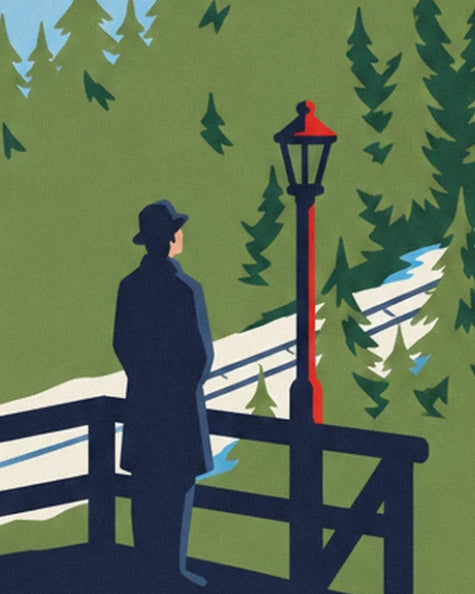 L'homme au chapeau et manteau sombres, accoudé au garde-corps près du lampadaire rouge