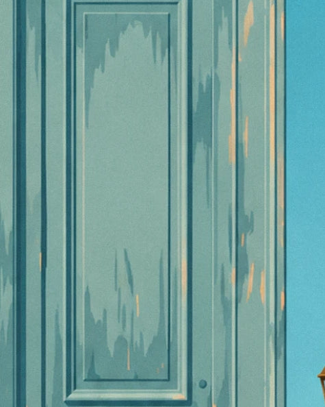The blue-green door with peeling paint, raised panels and a glimpse of blue sky