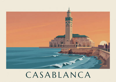 Plakat z meczetem Hassana II nad oceanem o zachodzie słońca: cały plakat