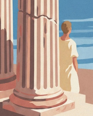 A figure in a pale tunic behind a fluted column, facing the sea