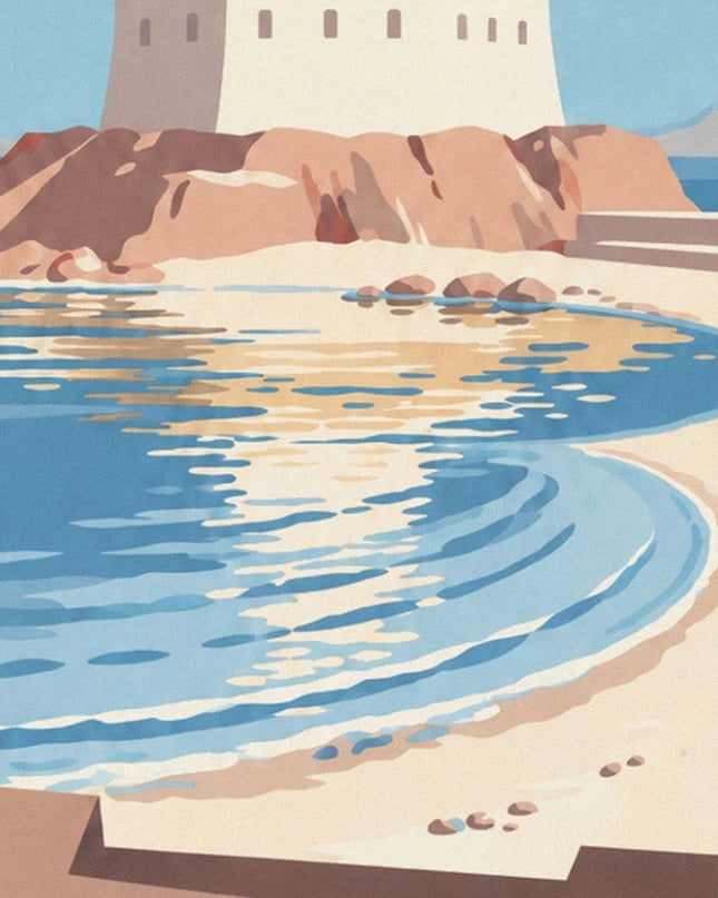 The cream and blue reflections in the water at the foot of the lighthouse, between rocks and sand
