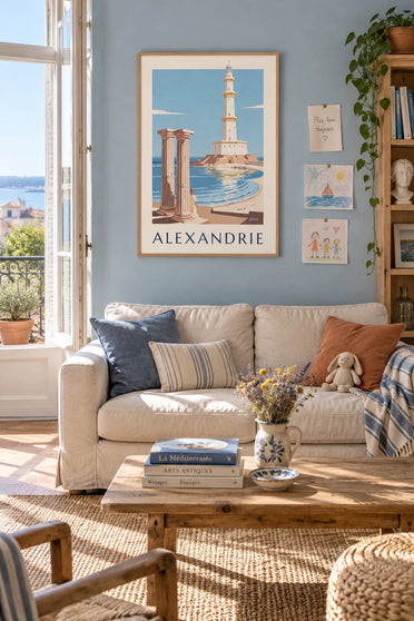 Affiche phare antique et colonnes d'Alexandrie en Égypte : encadrée au mur