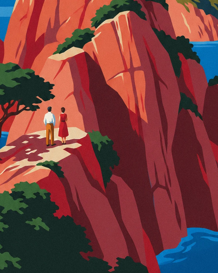 Wild Corsican coast with red cliffs and Monte Cinto poster: close-up detail