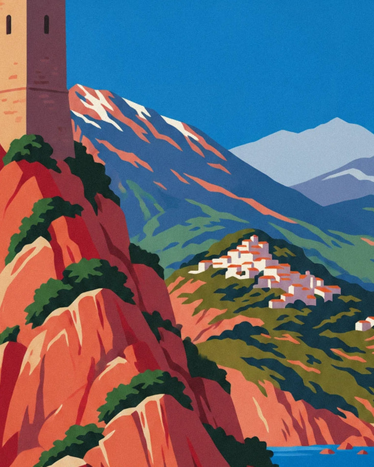Wild Corsican coast with red cliffs and Monte Cinto poster: close-up detail