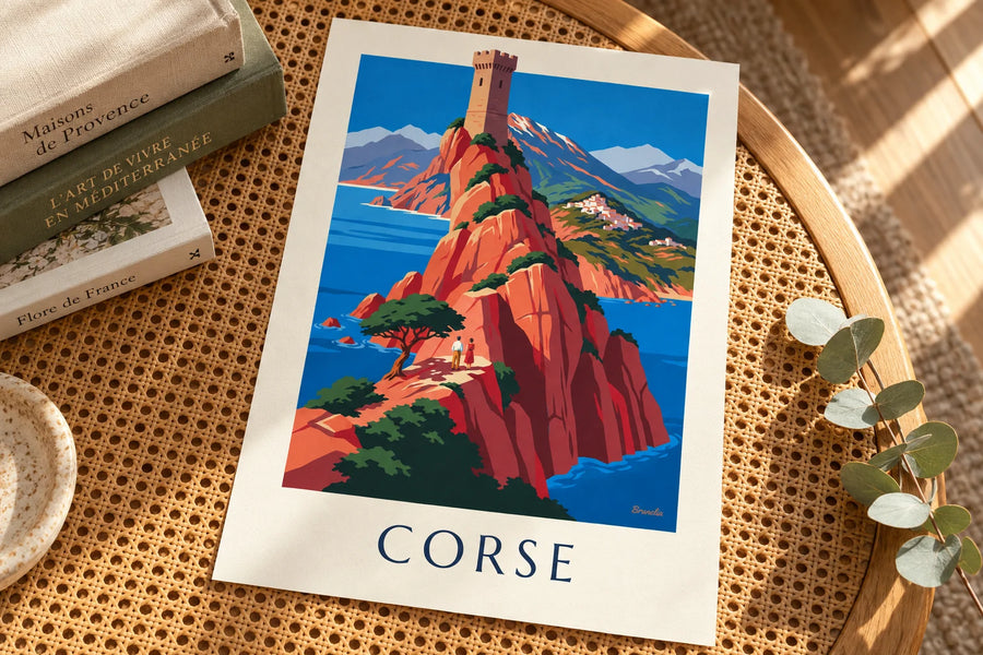 Affiche côte sauvage de Corse, falaises rouges et Monte Cinto : posée sur une table