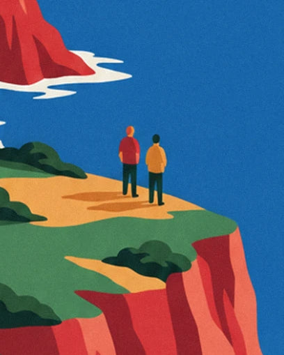 The 2 walkers, one in red and the other in yellow, at the cliff edge
