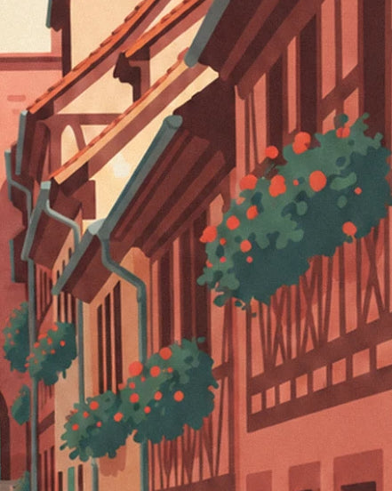 Façades à colombages et leurs jardinières de fleurs rouges, sous les gouttières grises