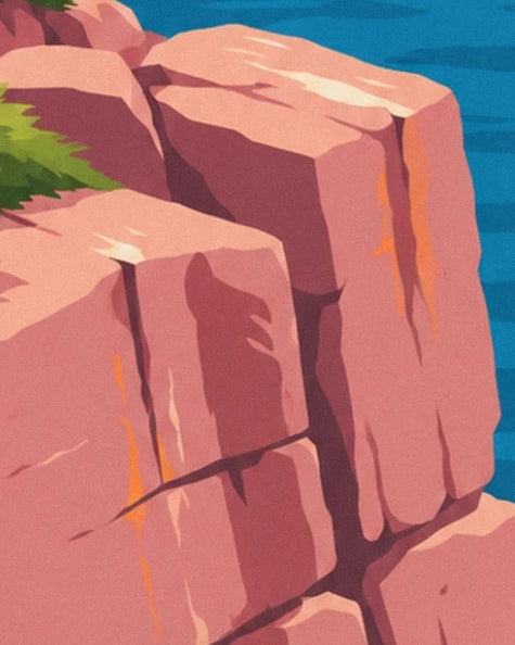 The pink cliffs with deep dark cracks above the blue sea